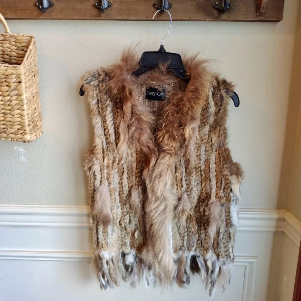 Meefur Rabbit Raccoon Hair Fur Vest Womens L Brown Long Fringe Twilight Victoria - Picture 15 of 15